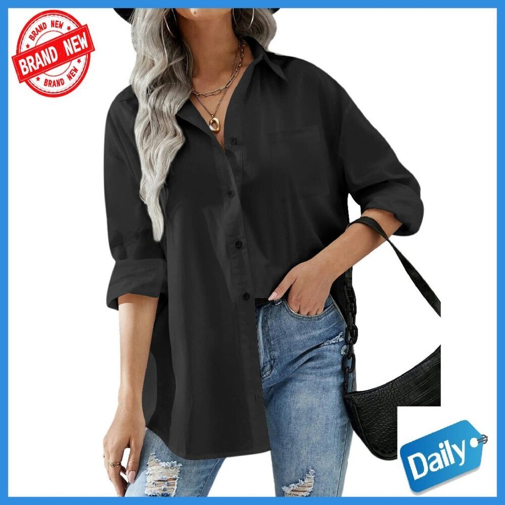 Oversized Button Down Shirt Drop Shoulder Blouse Long Sleeve with Pockets